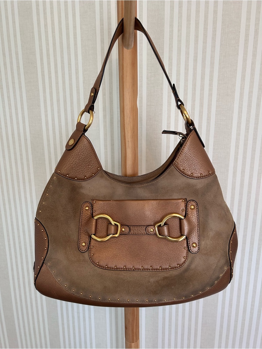 COLE HAAN STEPHANIE SUEDE bronze studded leather horsebit hobo equastrian bag